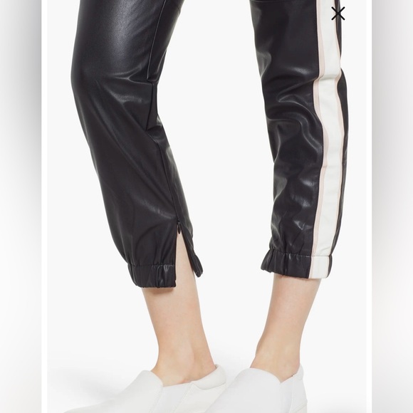 David Lerner Black Vegan Leather Joggers with White and Pink Stripe - Picture 3 of 8